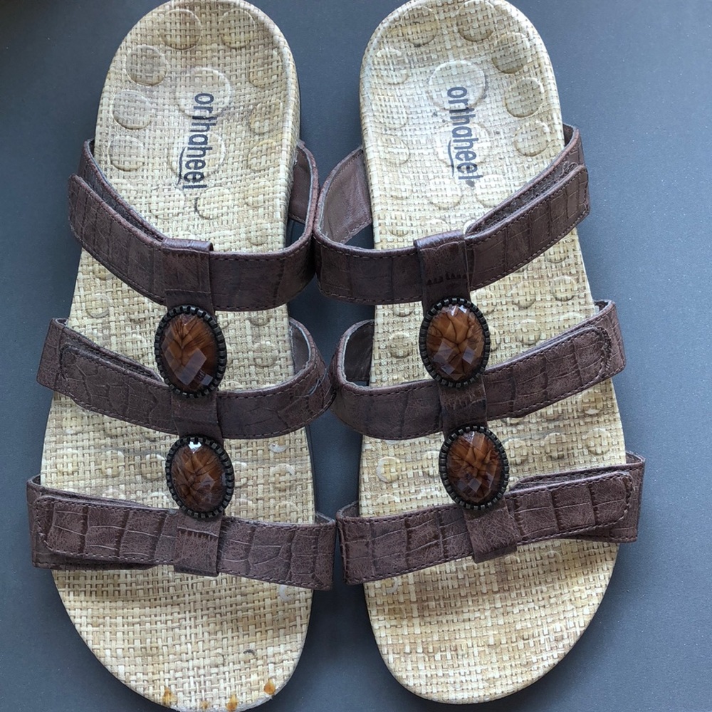 Brown bejeweled slide sandals